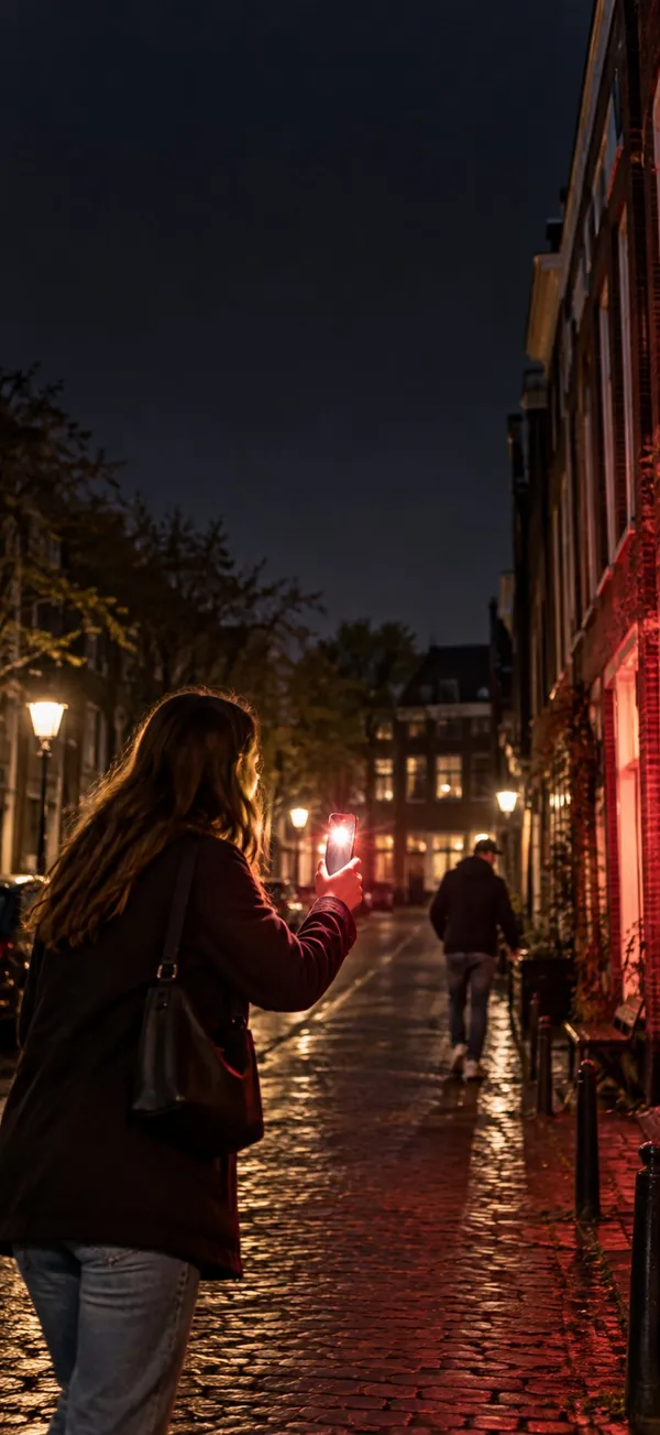 Een vrouw houdt 's avonds haar telefoon omhoog die fel rood licht geeft