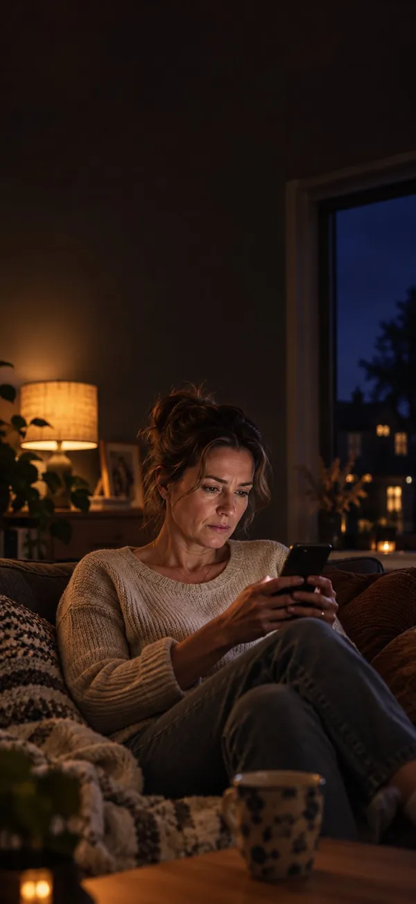Een moeder zit 's avonds op de bank en kijkt op haar telefoon